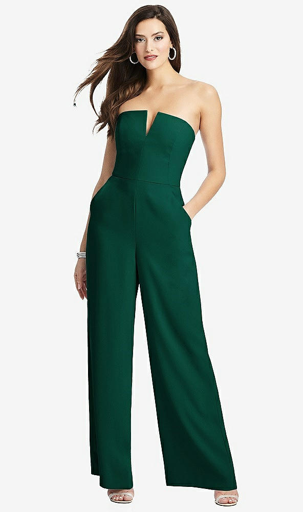 Front View - Hunter Green Strapless Notch Crepe Jumpsuit with Pockets