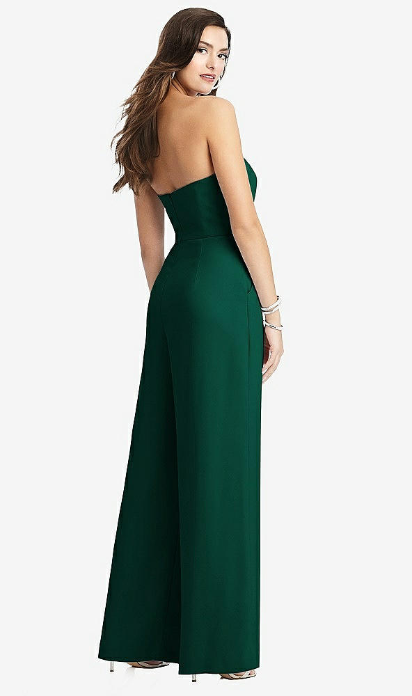 Back View - Hunter Green Strapless Notch Crepe Jumpsuit with Pockets