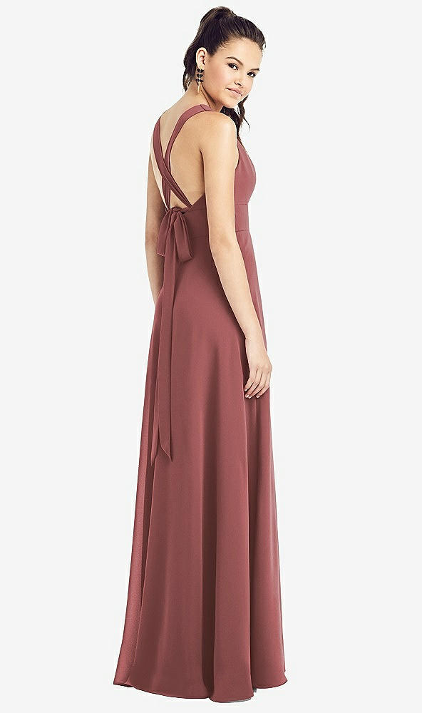 Back View - English Rose & Light Nude Adjustable Strap Illusion Neck Chiffon Gown