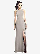 Front View Thumbnail - Taupe Open-Back Jewel Neck Trumpet Gown with Front Slit