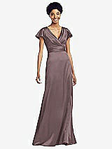 Front View Thumbnail - French Truffle Flutter Sleeve Draped Wrap Stretch Maxi Dress