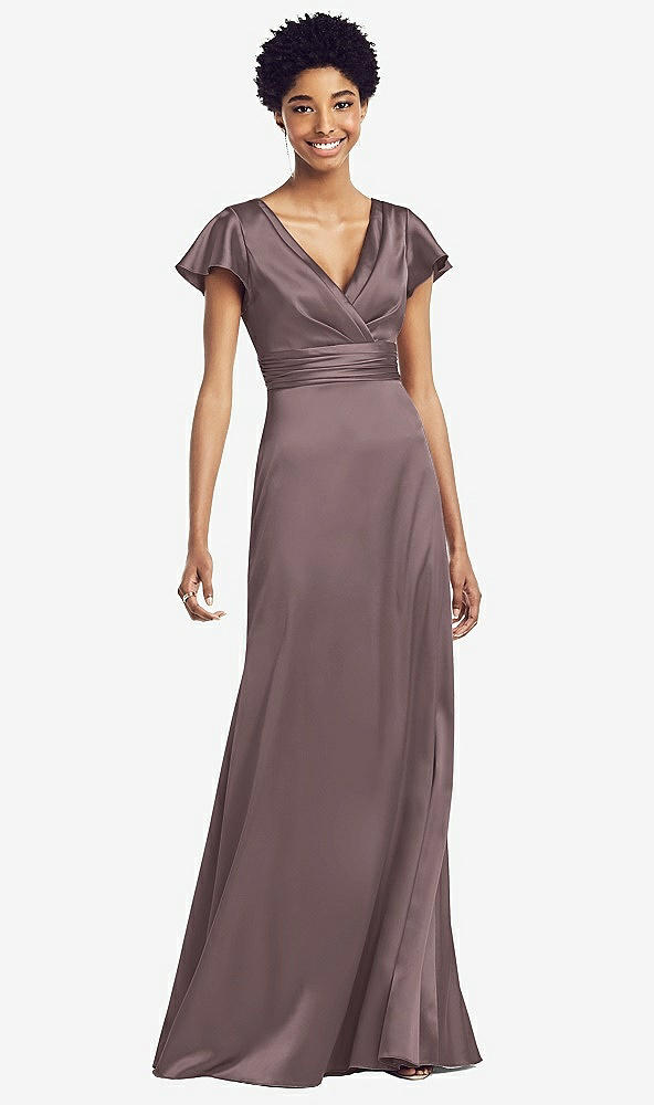 Front View - French Truffle Flutter Sleeve Draped Wrap Stretch Maxi Dress