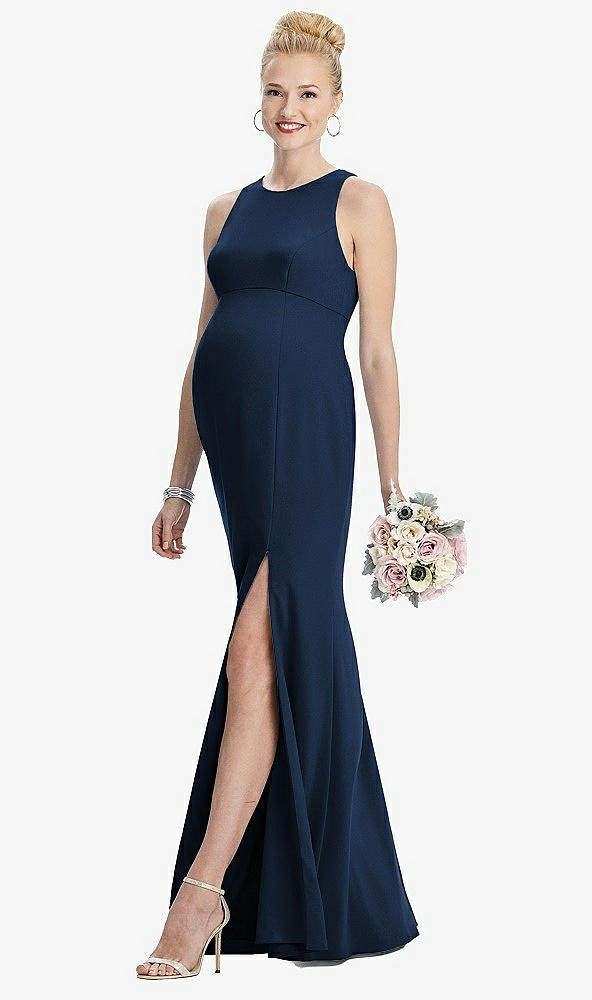 Front View - Midnight Navy Sleeveless Halter Maternity Dress with Front Slit