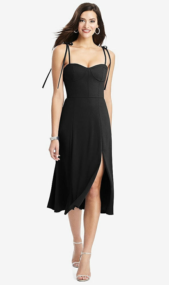 Front View - Black Bustier Crepe Midi Dress with Adjustable Bow Straps