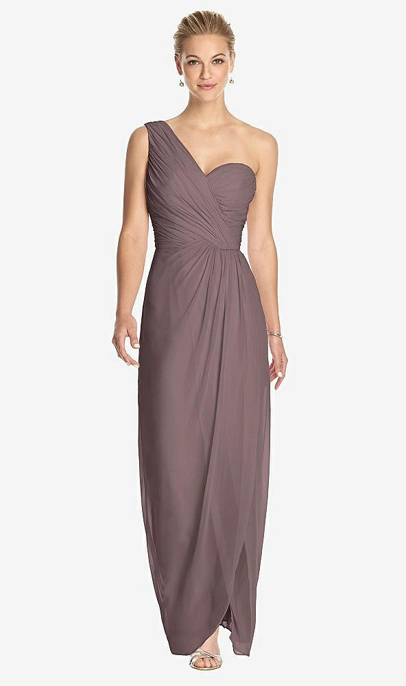 Front View - French Truffle One-Shoulder Draped Maxi Dress with Front Slit - Aeryn