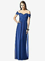 Front View Thumbnail - Classic Blue Off-the-Shoulder Ruched Chiffon Maxi Dress - Alessia