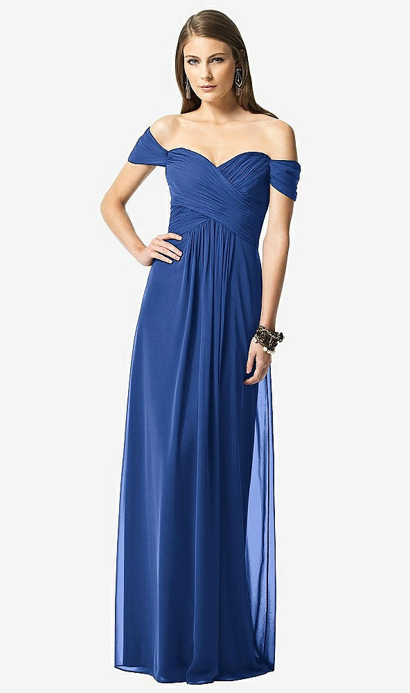 Front View - Classic Blue Off-the-Shoulder Ruched Chiffon Maxi Dress - Alessia