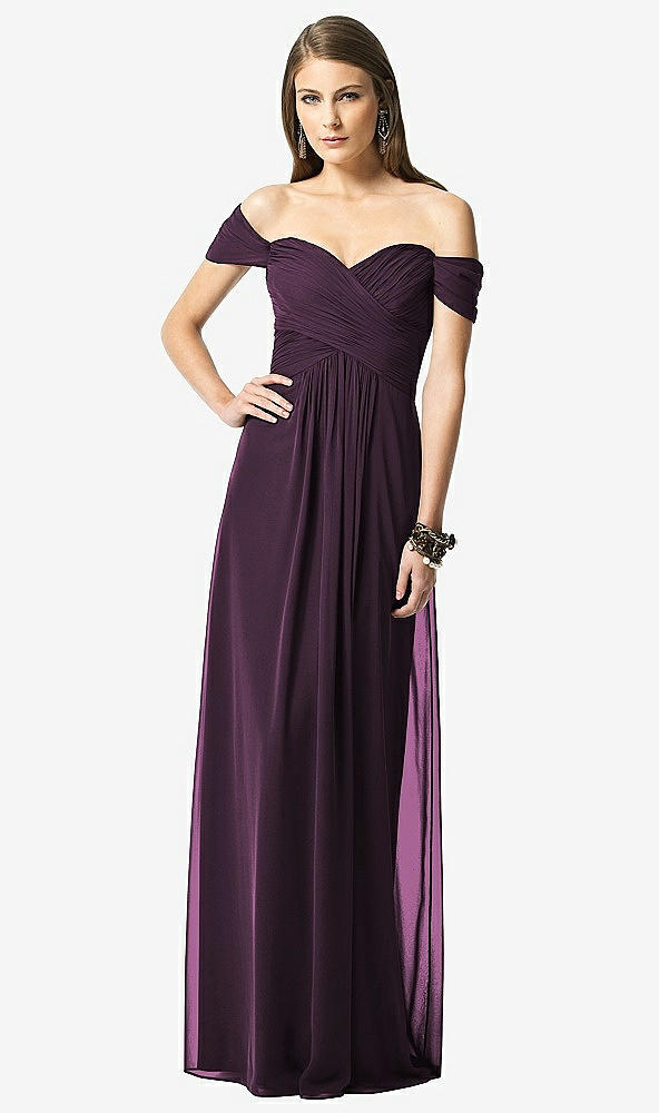 Front View - Aubergine Off-the-Shoulder Ruched Chiffon Maxi Dress - Alessia