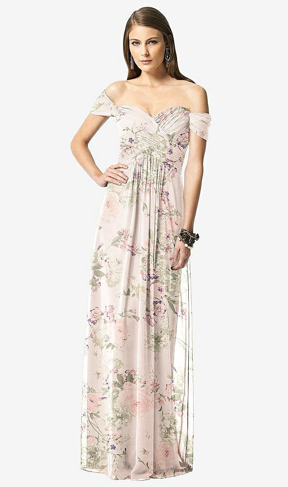 Front View - Blush Garden Off-the-Shoulder Ruched Chiffon Maxi Dress - Alessia