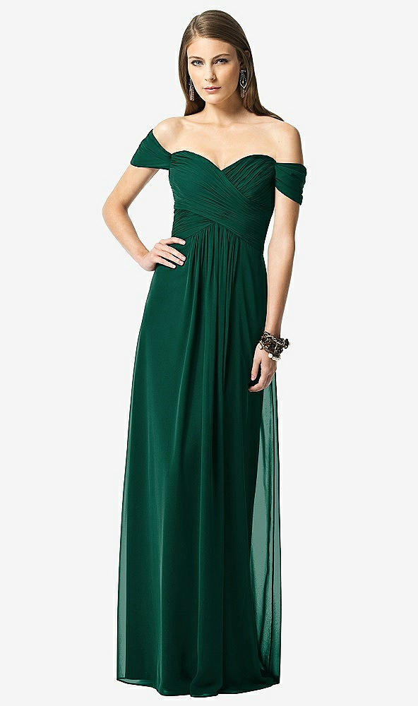 Front View - Hunter Green Off-the-Shoulder Ruched Chiffon Maxi Dress - Alessia
