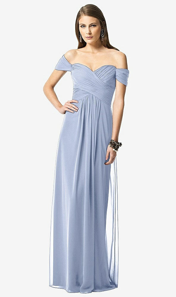 Front View - Sky Blue Off-the-Shoulder Ruched Chiffon Maxi Dress - Alessia
