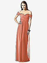 Front View Thumbnail - Terracotta Copper Off-the-Shoulder Ruched Chiffon Maxi Dress - Alessia