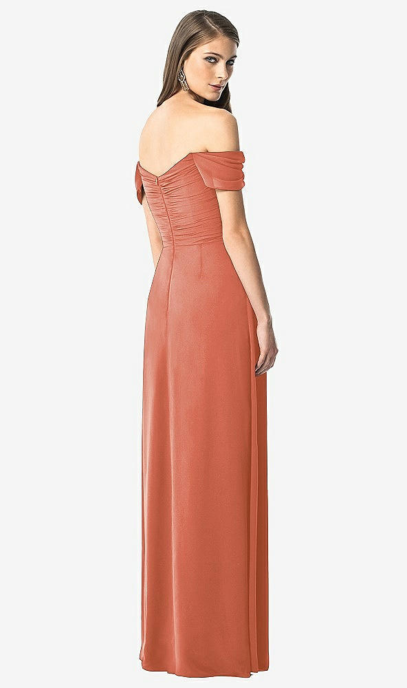 Back View - Terracotta Copper Off-the-Shoulder Ruched Chiffon Maxi Dress - Alessia