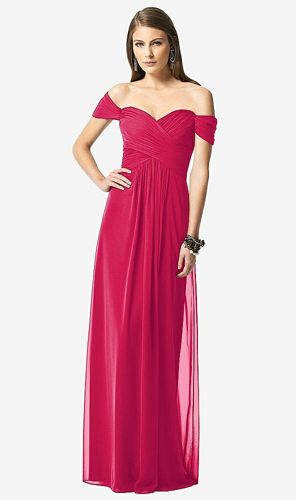 Front View - Vivid Pink Off-the-Shoulder Ruched Chiffon Maxi Dress - Alessia