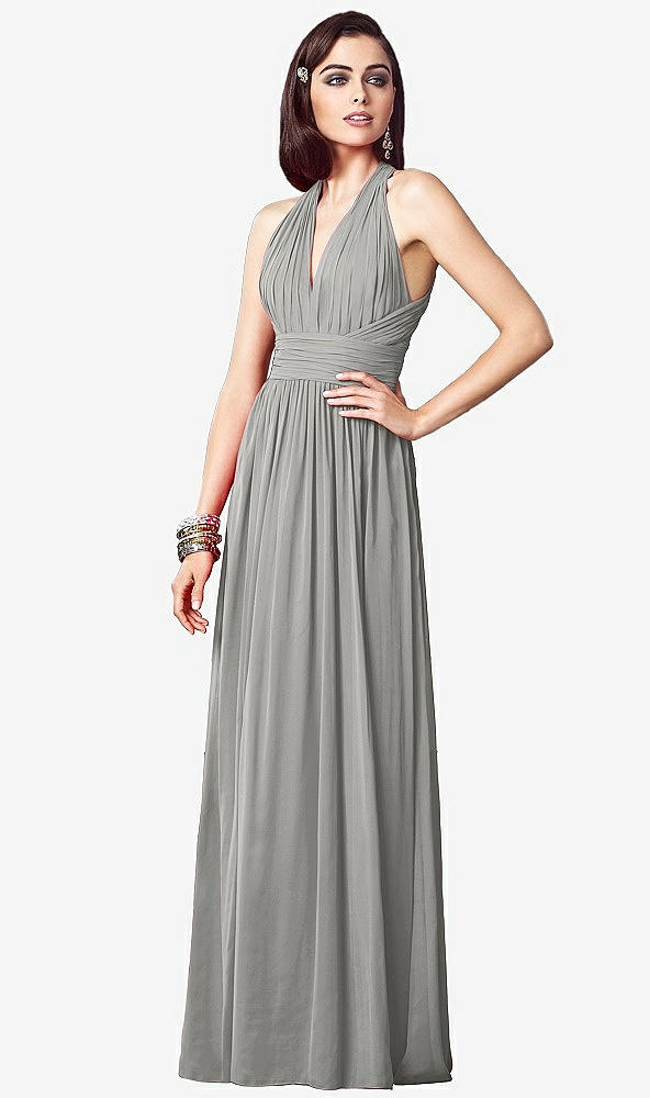 Front View - Chelsea Gray Ruched Halter Open-Back Maxi Dress - Jada