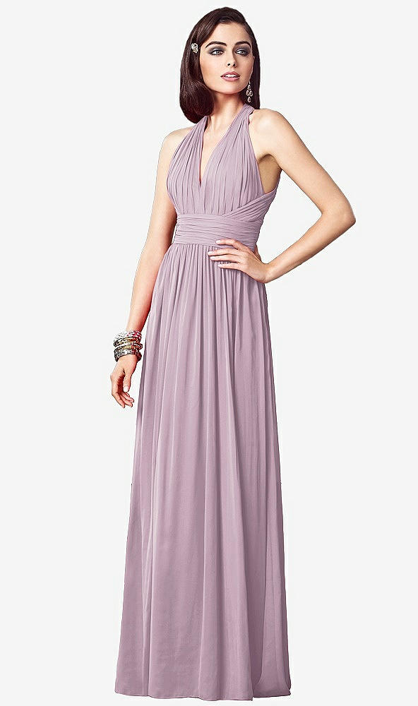 Front View - Suede Rose Ruched Halter Open-Back Maxi Dress - Jada