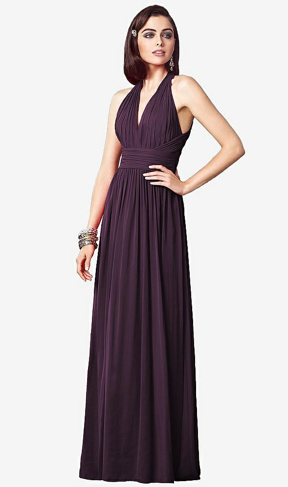 Front View - Aubergine Ruched Halter Open-Back Maxi Dress - Jada
