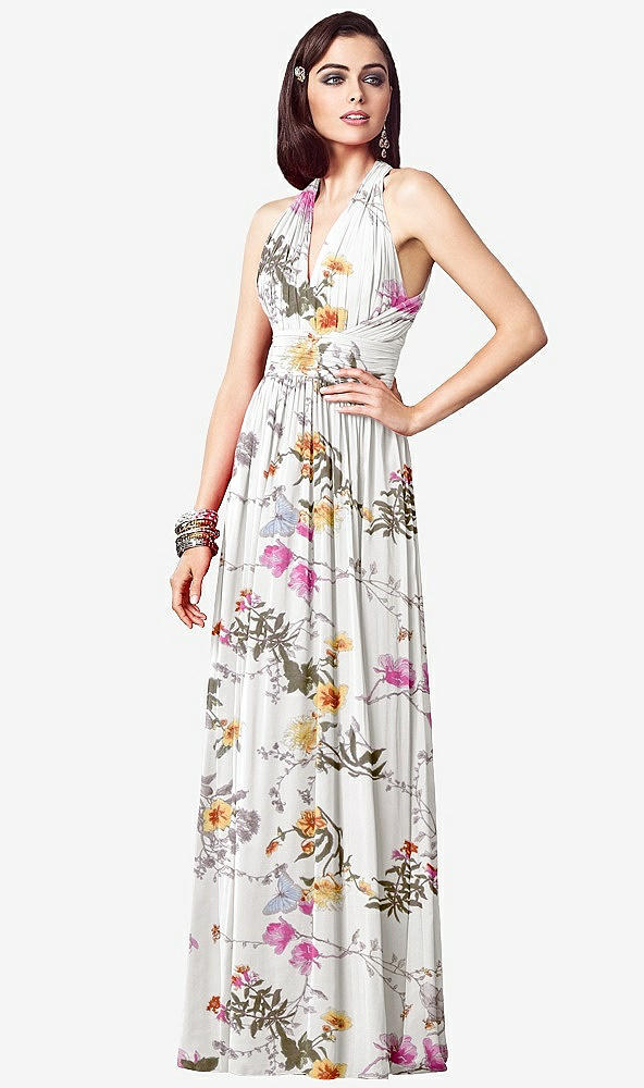 Front View - Butterfly Botanica Ivory Ruched Halter Open-Back Maxi Dress - Jada