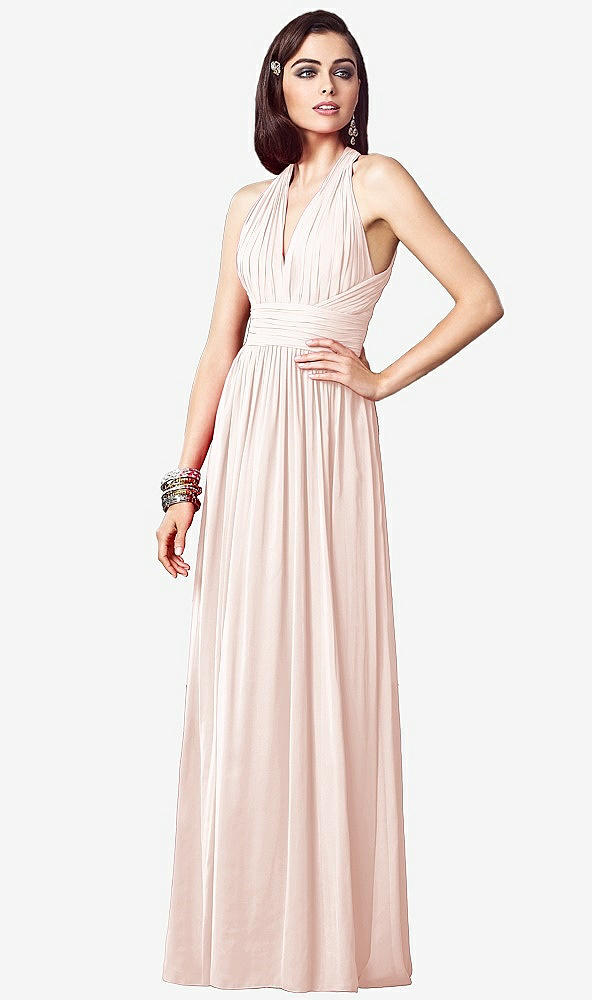 Front View - Blush Ruched Halter Open-Back Maxi Dress - Jada