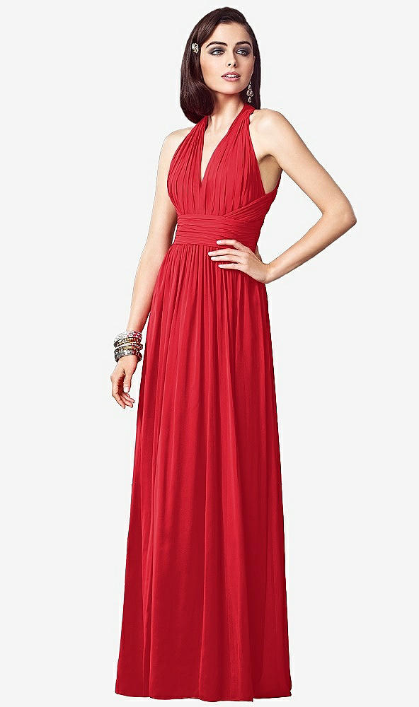Front View - Parisian Red Ruched Halter Open-Back Maxi Dress - Jada