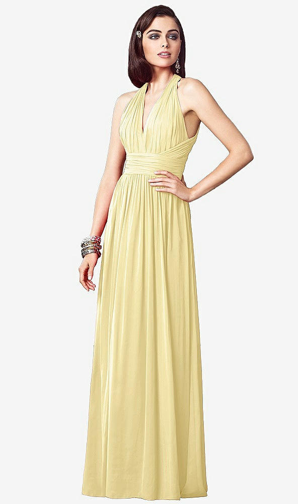 Front View - Pale Yellow Ruched Halter Open-Back Maxi Dress - Jada