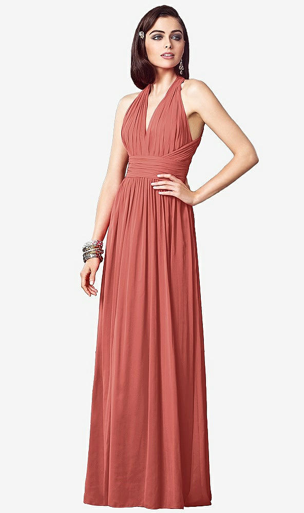 Front View - Coral Pink Ruched Halter Open-Back Maxi Dress - Jada