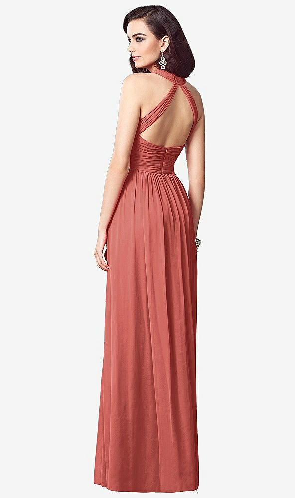 Back View - Coral Pink Ruched Halter Open-Back Maxi Dress - Jada