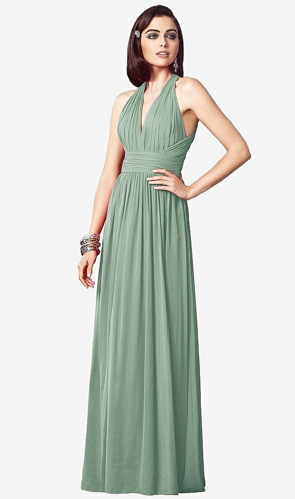 Front View - Seagrass Ruched Halter Open-Back Maxi Dress - Jada