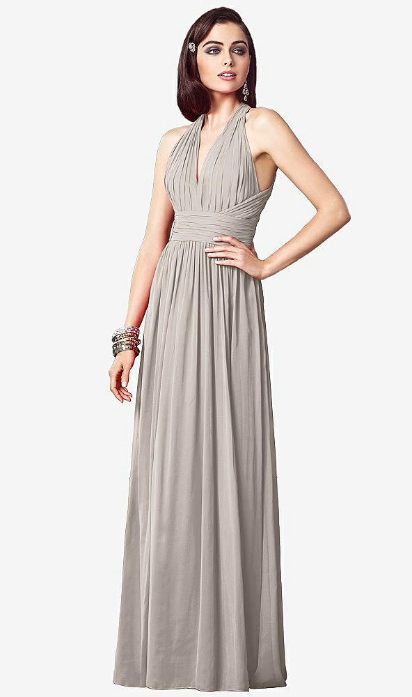 Front View - Taupe Ruched Halter Open-Back Maxi Dress - Jada