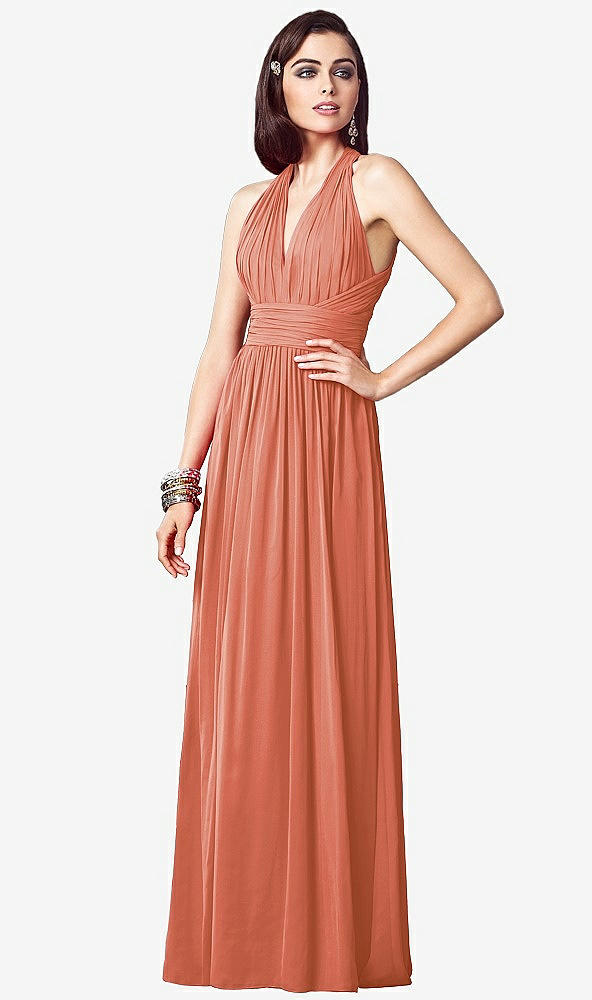 Front View - Terracotta Copper Ruched Halter Open-Back Maxi Dress - Jada
