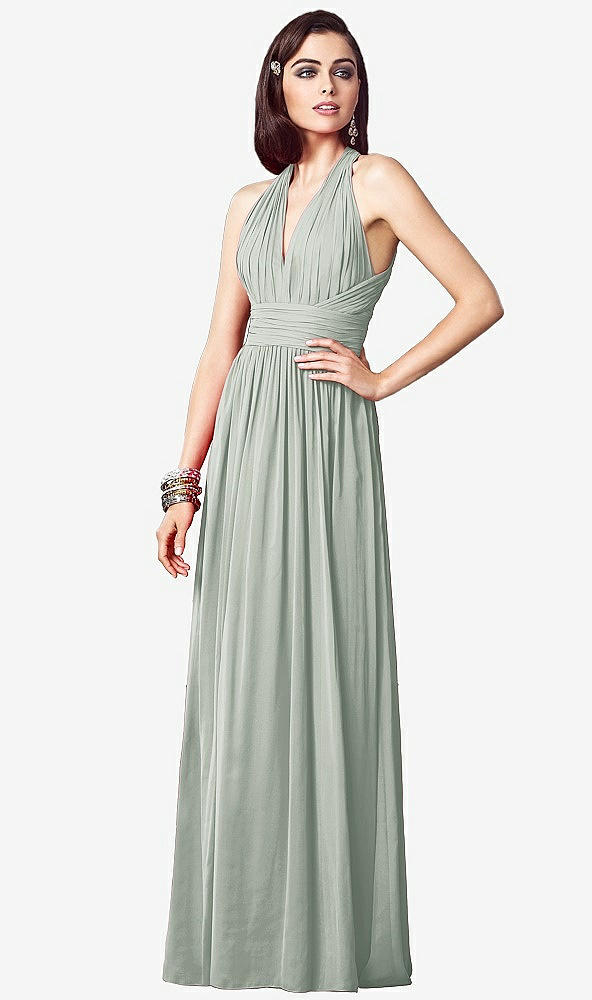 Front View - Willow Green Ruched Halter Open-Back Maxi Dress - Jada