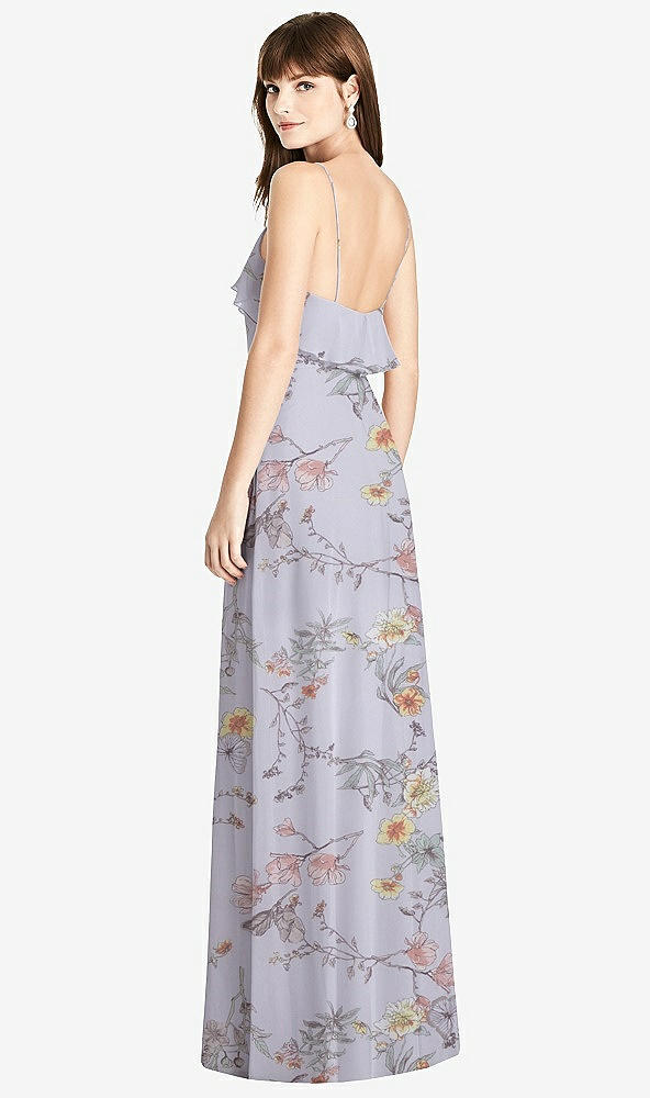 Back View - Butterfly Botanica Silver Dove Ruffle-Trimmed Backless Maxi Dress