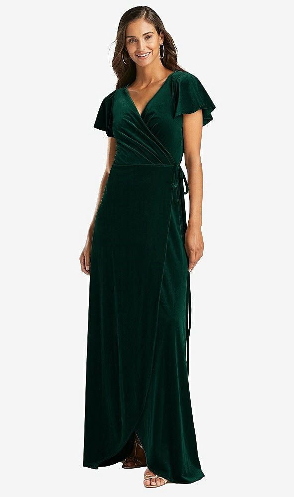 Front View - Evergreen Flutter Sleeve Velvet Wrap Maxi Dress with Pockets