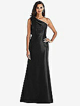 Front View Thumbnail - Black Bow One-Shoulder Satin Trumpet Gown