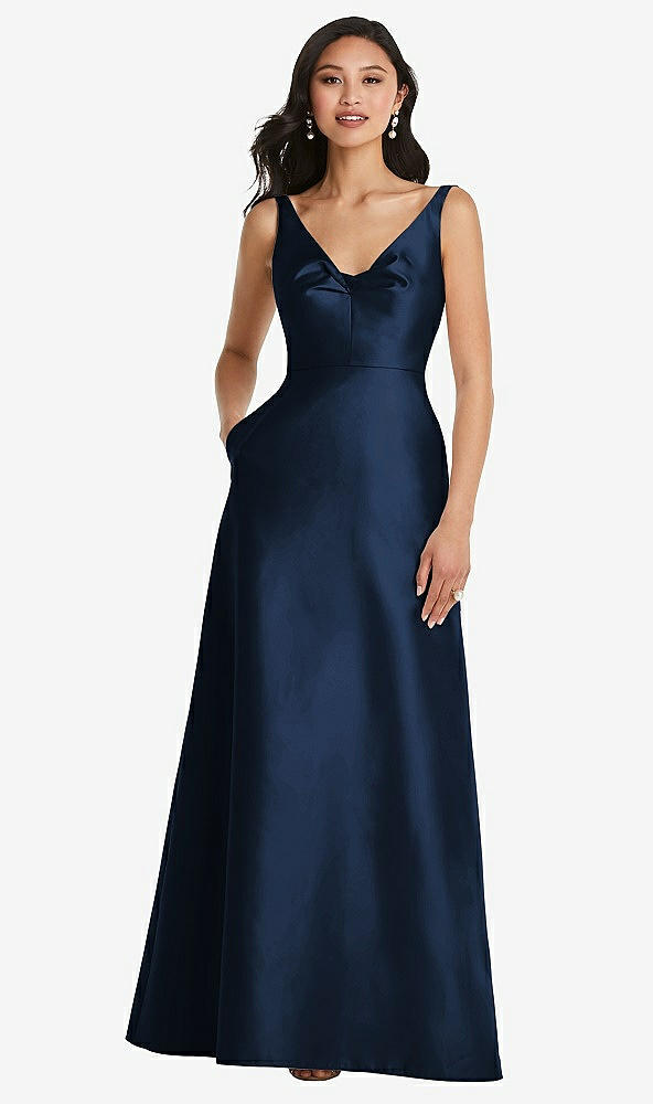 Front View - Midnight Navy Pleated Bodice Open-Back Maxi Dress with Pockets