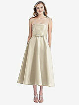 Front View Thumbnail - Champagne Strapless Bow-Waist Full Skirt Satin Midi Dress