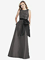 Front View Thumbnail - Caviar Gray & Black High-Neck Bow-Waist Maxi Dress with Pockets