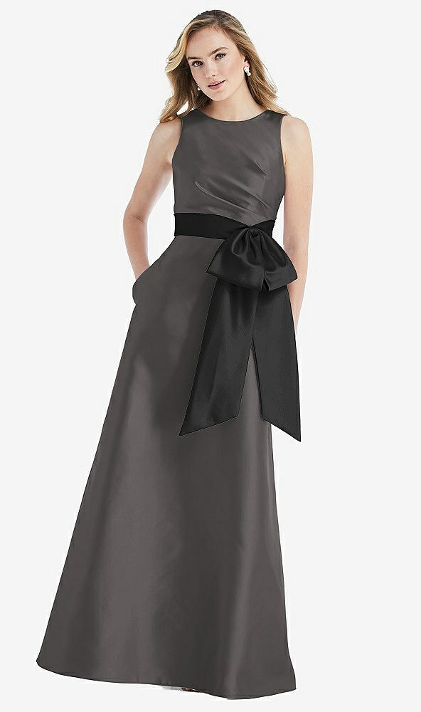Front View - Caviar Gray & Black High-Neck Bow-Waist Maxi Dress with Pockets
