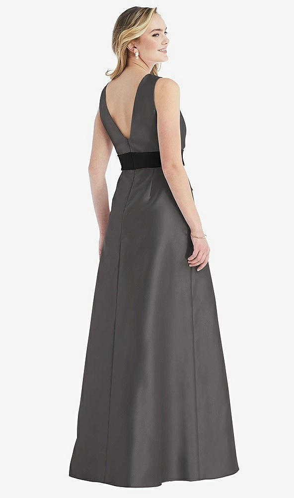 Back View - Caviar Gray & Black High-Neck Bow-Waist Maxi Dress with Pockets