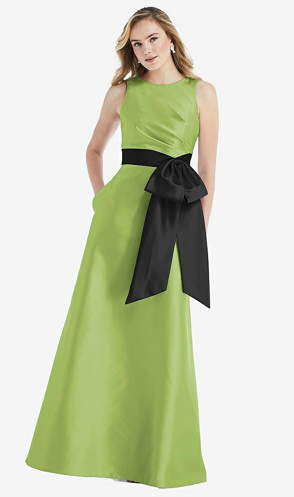 Front View - Mojito & Black High-Neck Bow-Waist Maxi Dress with Pockets