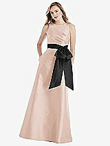 Front View Thumbnail - Cameo & Black High-Neck Bow-Waist Maxi Dress with Pockets
