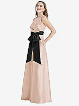 Side View Thumbnail - Cameo & Black High-Neck Bow-Waist Maxi Dress with Pockets