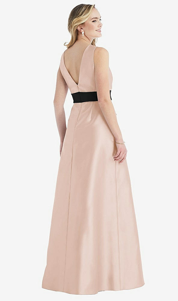 Back View - Cameo & Black High-Neck Bow-Waist Maxi Dress with Pockets