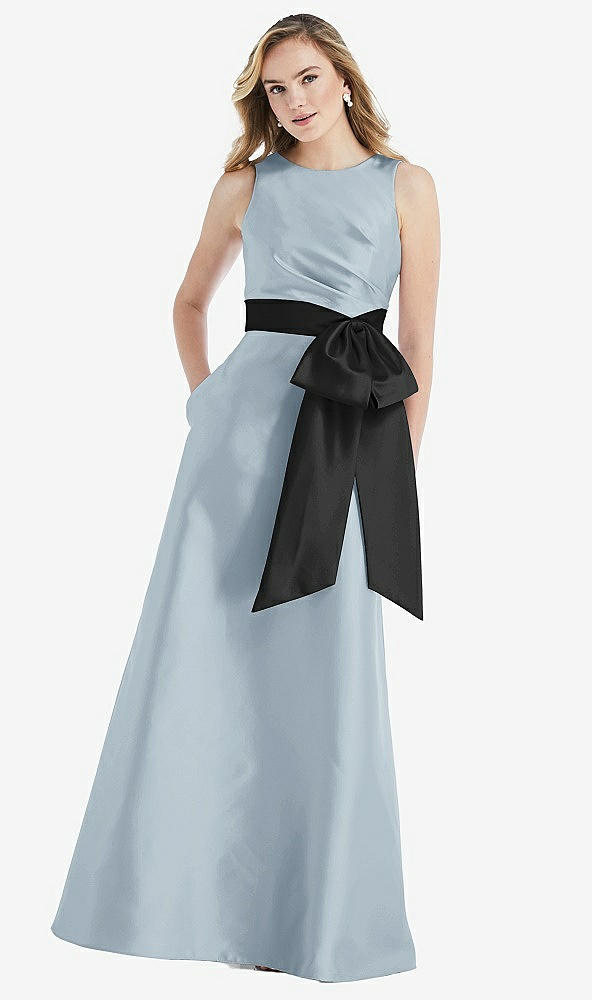Front View - Mist & Black High-Neck Bow-Waist Maxi Dress with Pockets