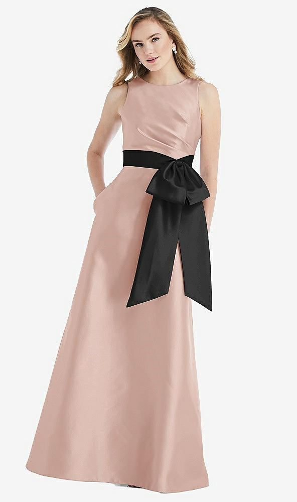 Front View - Toasted Sugar & Black High-Neck Bow-Waist Maxi Dress with Pockets