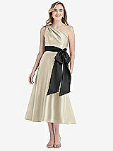 Front View Thumbnail - Champagne & Black One-Shoulder Bow-Waist Midi Dress with Pockets