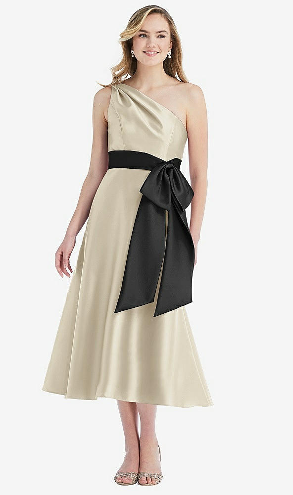 Front View - Champagne & Black One-Shoulder Bow-Waist Midi Dress with Pockets