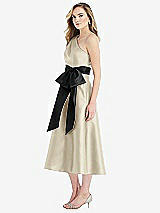 Side View Thumbnail - Champagne & Black One-Shoulder Bow-Waist Midi Dress with Pockets