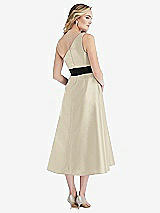 Rear View Thumbnail - Champagne & Black One-Shoulder Bow-Waist Midi Dress with Pockets