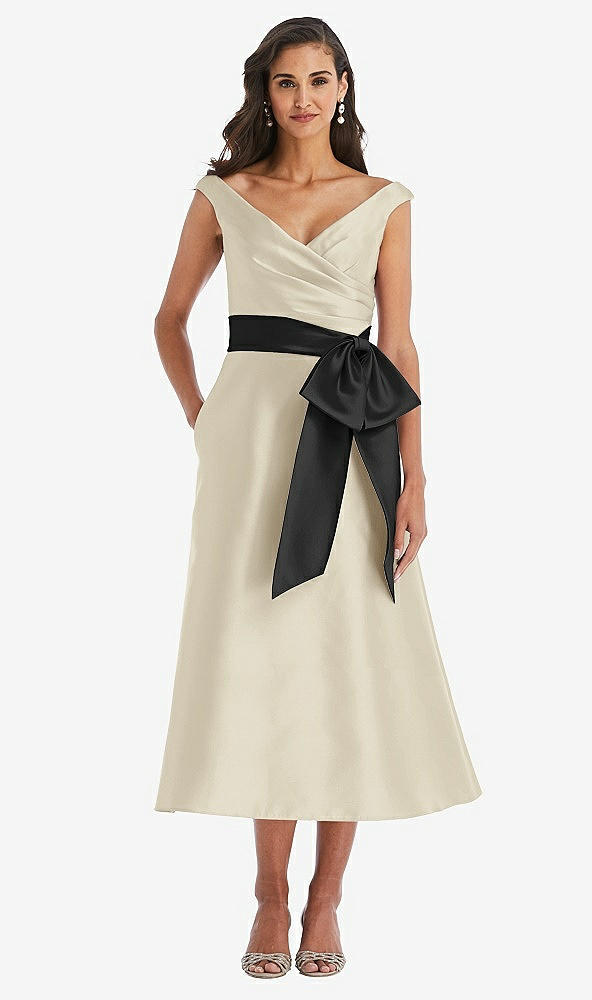 Front View - Champagne & Black Off-the-Shoulder Bow-Waist Midi Dress with Pockets